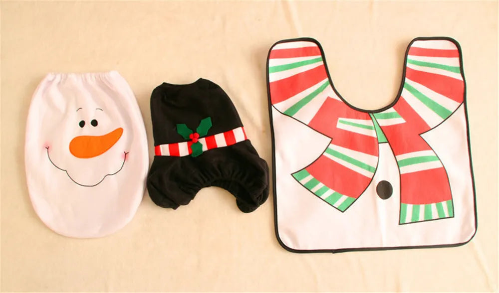 Christmas bathroom decoration set with flannel toilet cover, floor mat, and shower curtain in Santa design
