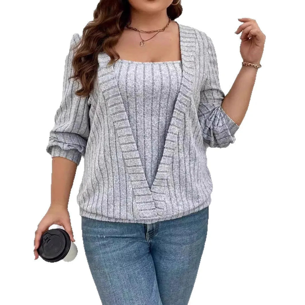 Solid colour rib fabric V-neck false two-piece suit with long sleeves