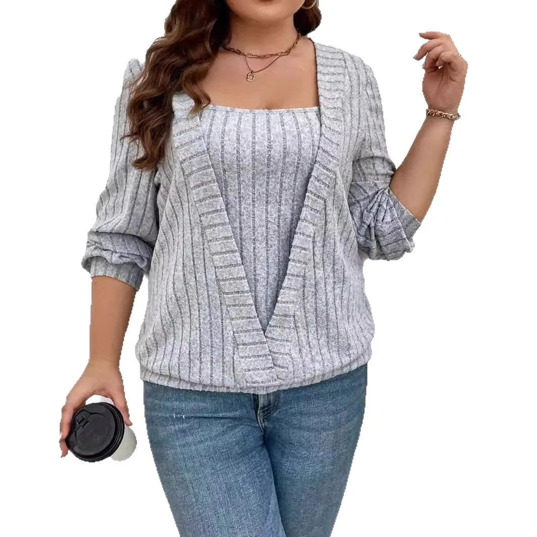 Solid colour rib fabric V-neck false two-piece suit with long sleeves