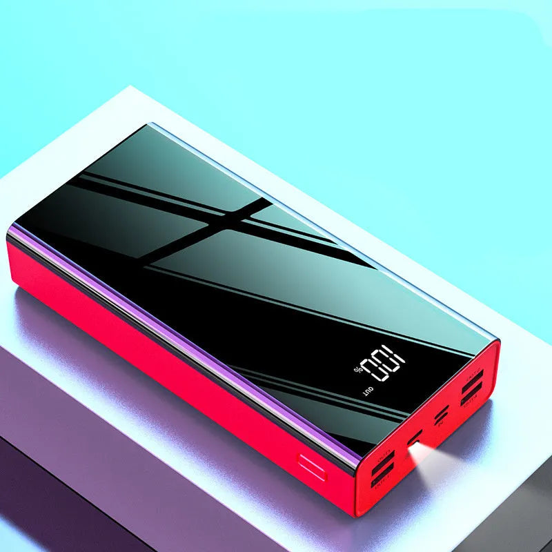 Large black power bank with LCD display showing battery percentage, dimensions 156x82x41mm