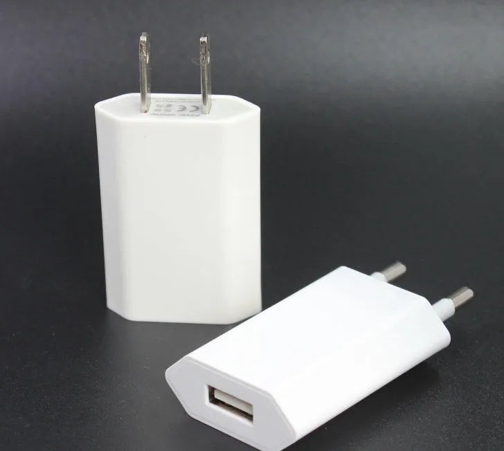 Compatible 5 volt USB travel charger and charging cable for Apple iPhone and iPad models.