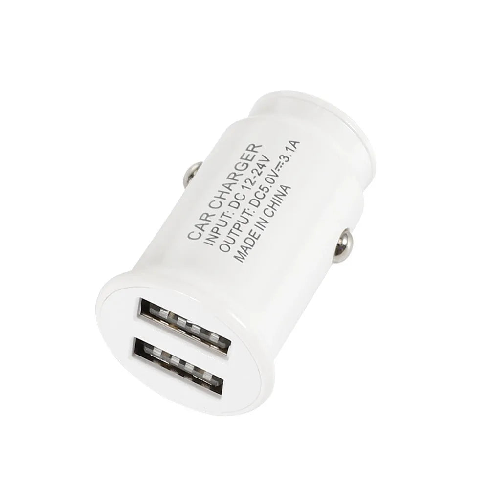Dual USB car charger in black or white with 12-32V input and 5V 2.1A output, compact 50 x 30 x 30mm