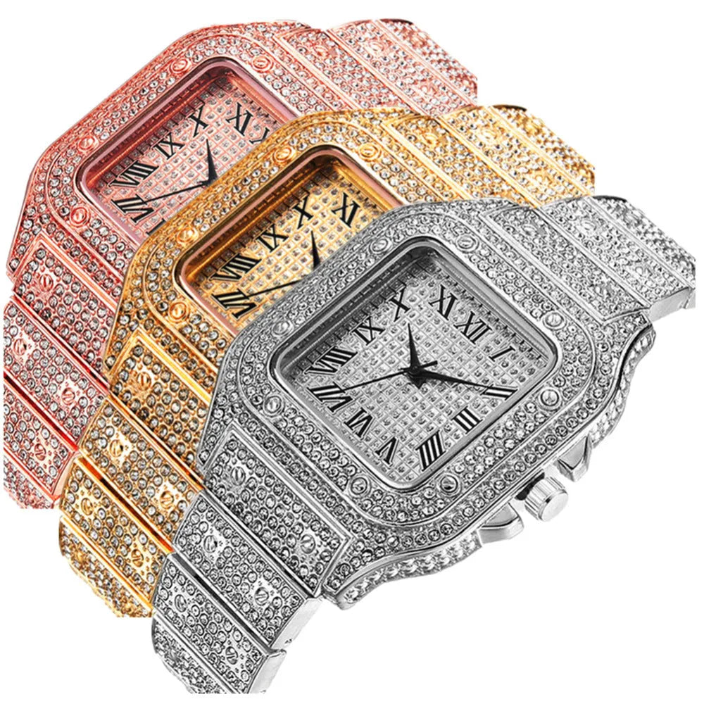 Roman grain graduation quartz watch set with square diamond-studded dial and black mesh band, plus matching bracelet and necklace