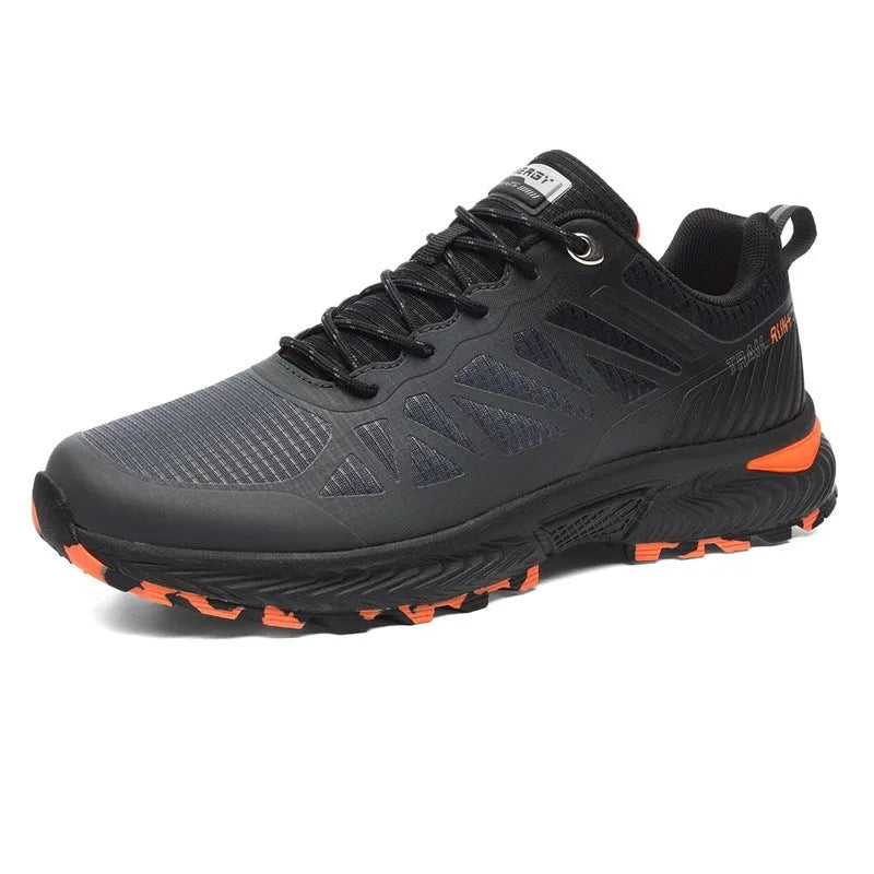 Men's breathable mesh outdoor running shoes in black, shown with lace-up front and round toe