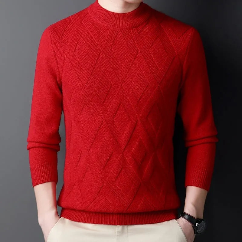 Men's diamond jacquard winter sweater in a wool blend, shown in light camel colour.