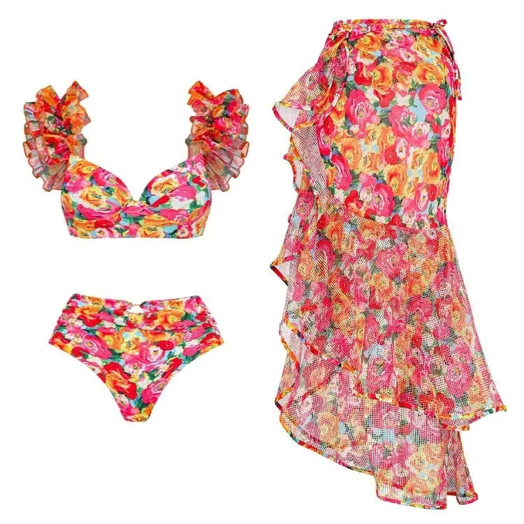 Women's floral print push-up bikini swimsuit with high-waisted briefs and matching skirt