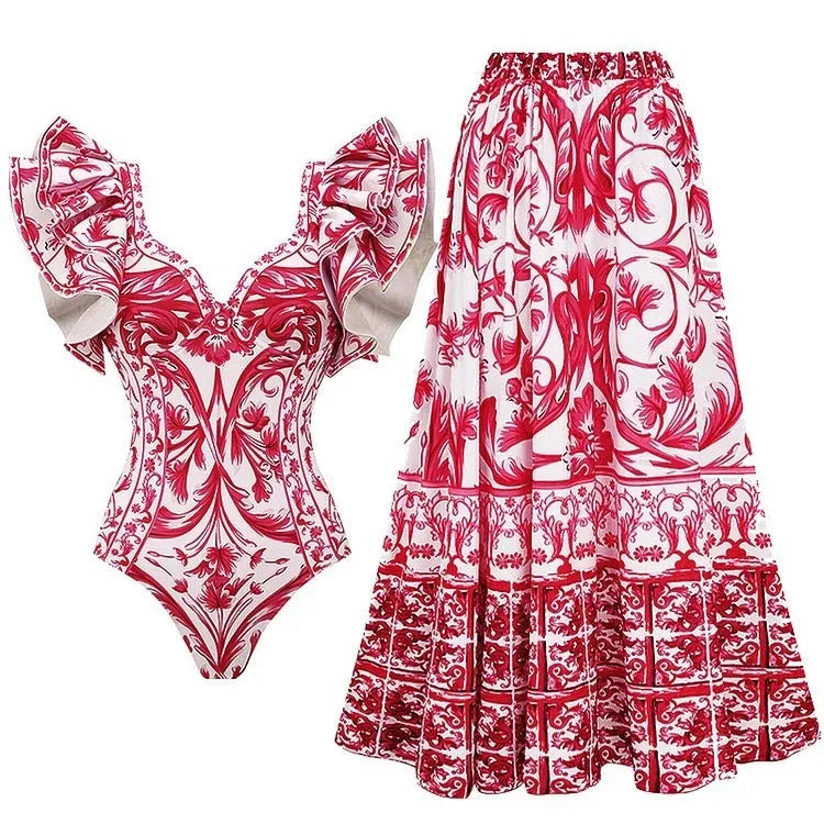 Women's printed one-piece swimsuit on a hanger showing polyester fabric and lining.