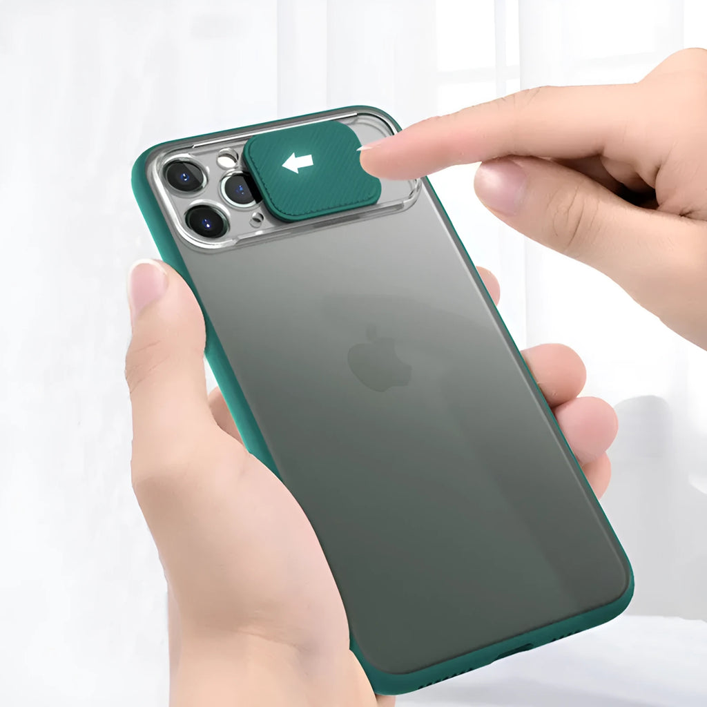 A slim iPhone case with a sliding lens cover and a card slot on the back, shown in a choice of colours.