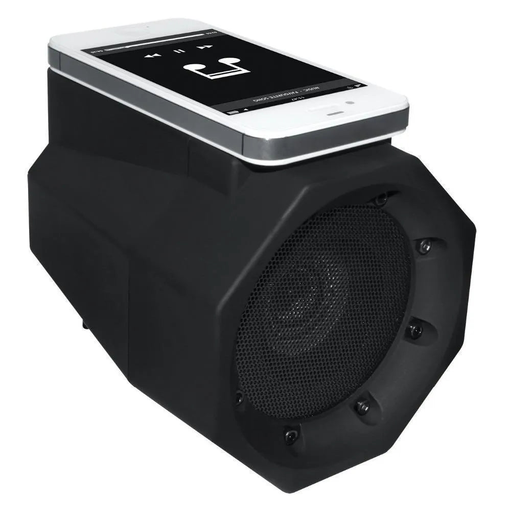 Black portable speaker with USB and 3.5mm jack, 3W output, built-in battery, 122x100x100mm plastic shell