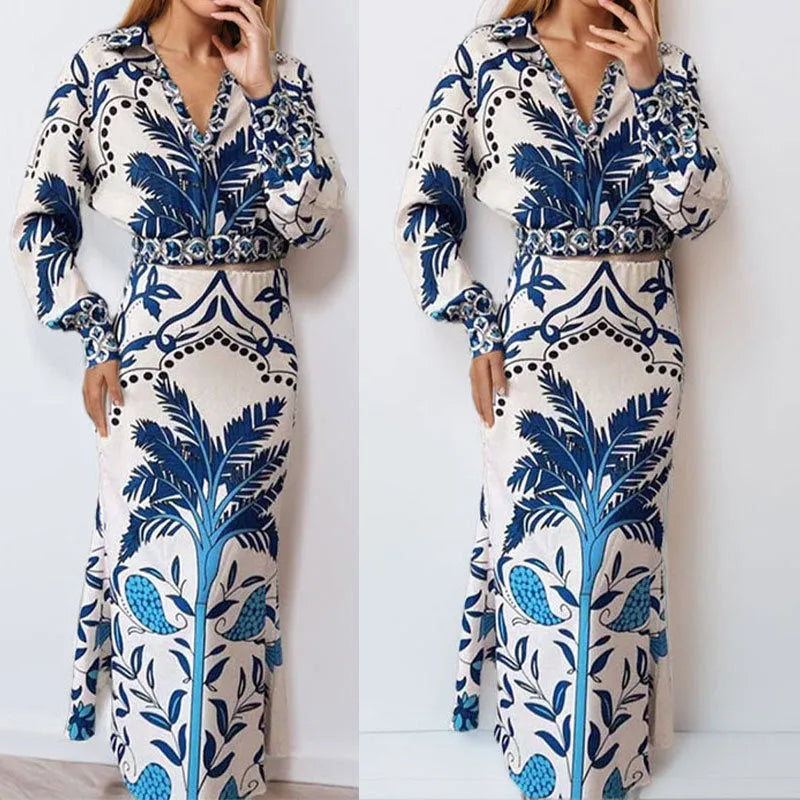 Floral early spring casual fashion set with long sleeve top and long skirt in picture color