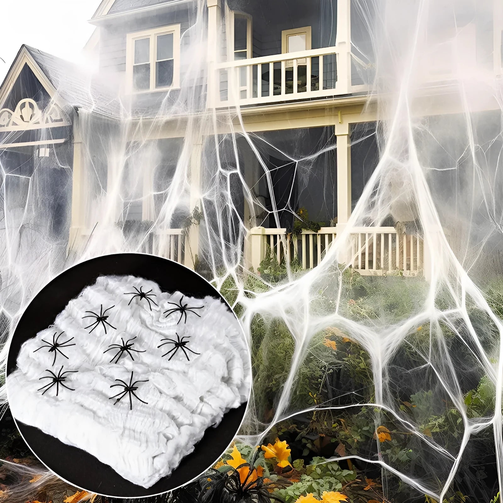 White cotton spider Halloween decoration web with plastic spiders draped across furniture