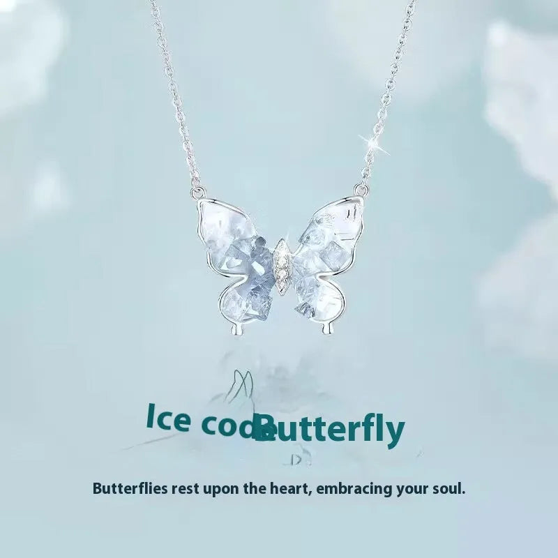 Bingyu Butterfly ice rain design pendant on adjustable sterling silver O-ring necklace for women.