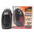 Black mini electric heater with digital display and a rotating three-prong plug on a white background.