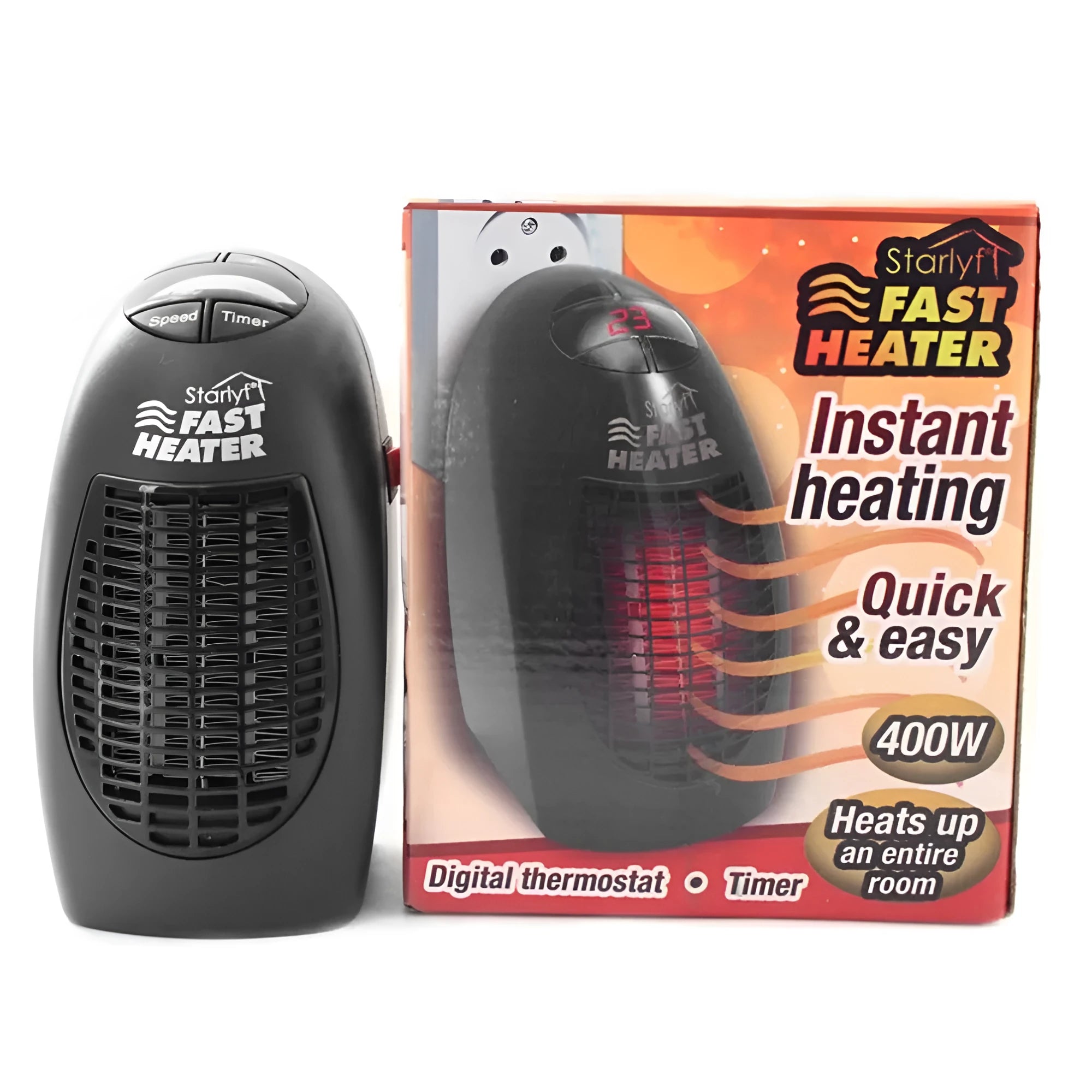 Black mini electric heater with digital display and a rotating three-prong plug on a white background.