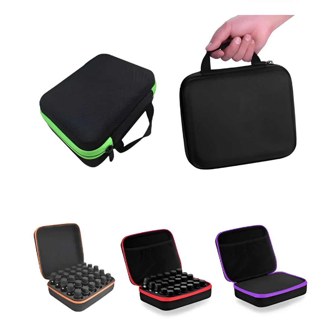 Red EVA essential oil storage bag with 30 compartments for 15ml bottles, wall-mounted organiser