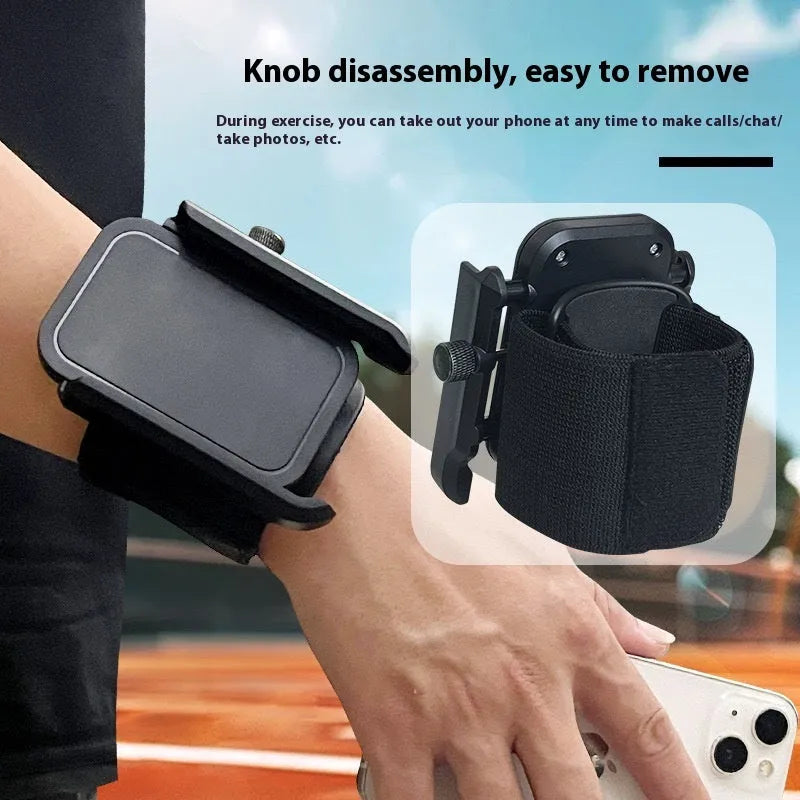 Universal plastic arm and wrist mobile phone bracket for outdoor running and sports, shown as a fixed phone stand.