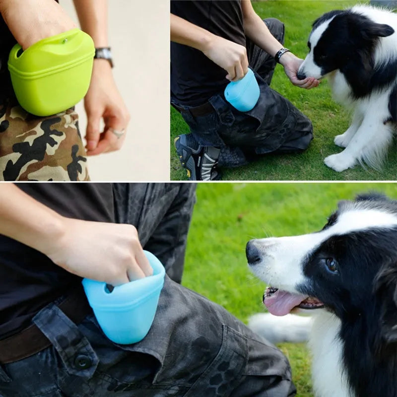 Silicone clip-on dog treat waist bag in colour choice, showing magnetic closure and belt clip.