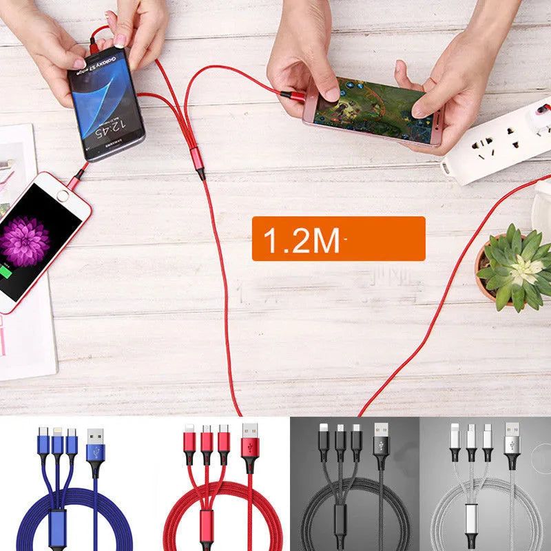 Black 3-in-1 braided charging cable with Lightning, Micro-USB and Type-C connectors on a 1.25m nylon cord