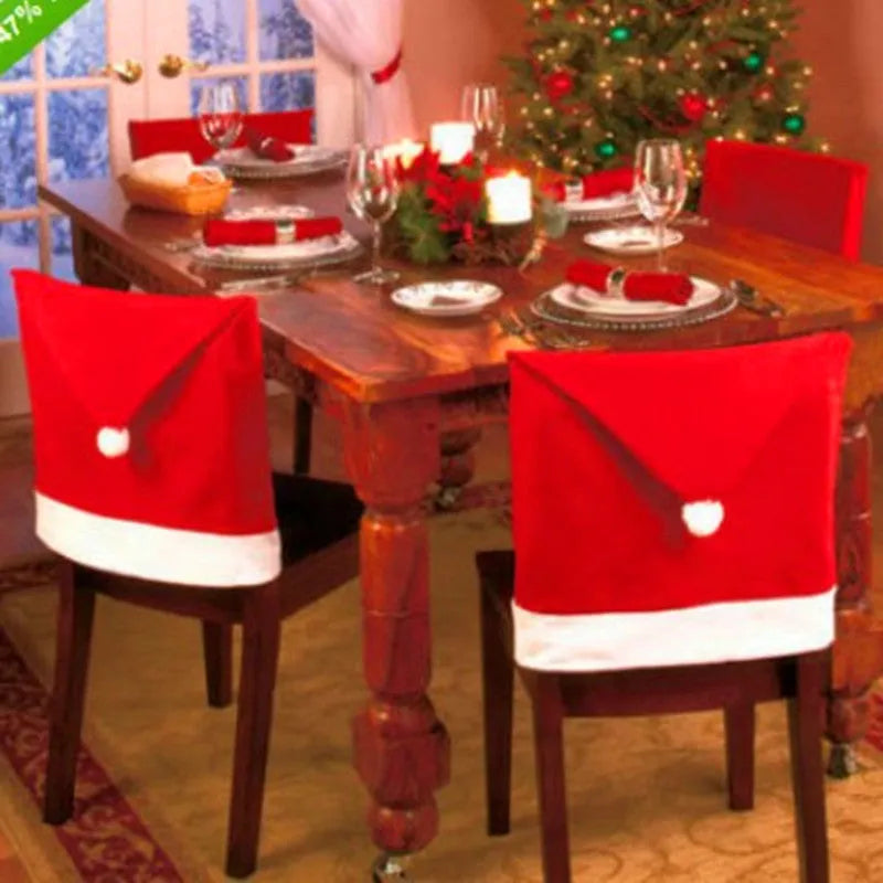 Set of red and white Christmas chair covers featuring Santa Claus, Snowman, and Santa hat designs on dining chairs.