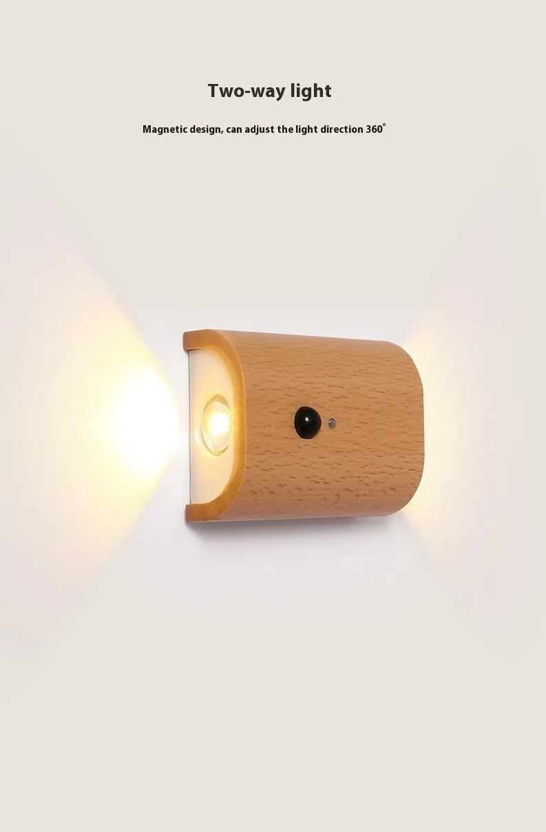 Solid wood pattern human body induction LED light, 73x56x28mm, warm white 2700K to 3000K, Beech or Sapele linkage option