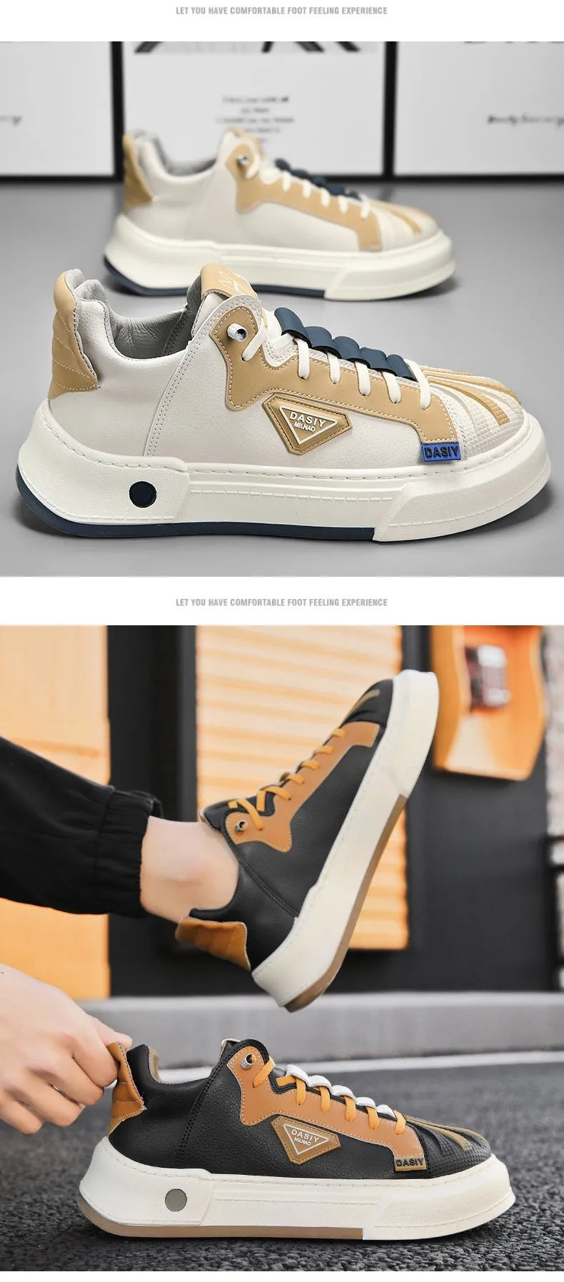 Men's beige casual low-top sneakers with elastic band and leather stitch detail on microfiber upper.