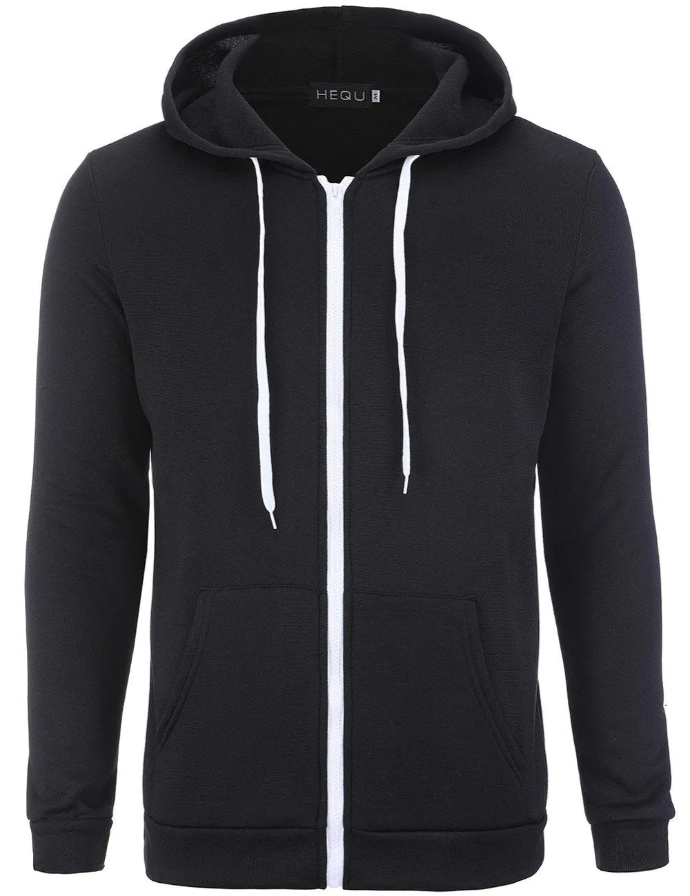 Men's black hooded zip-up cardigan hoodie, loose fit, long sleeve, plain polyester blend, casual four-season style