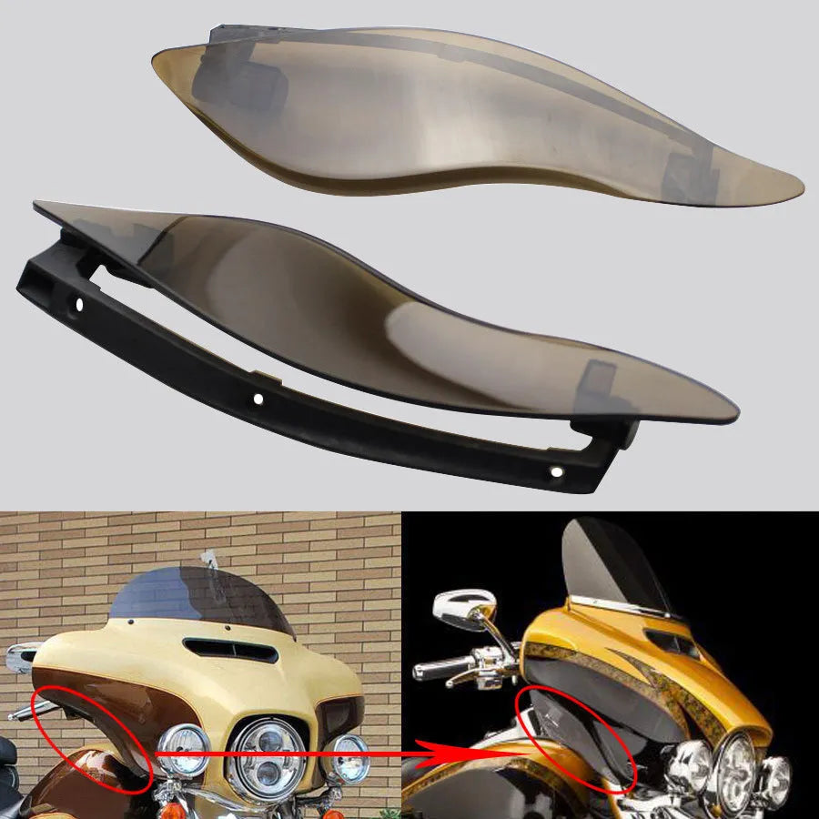 Harley Davidson motorcycle windshield side wings in smoked and black ABS plastic