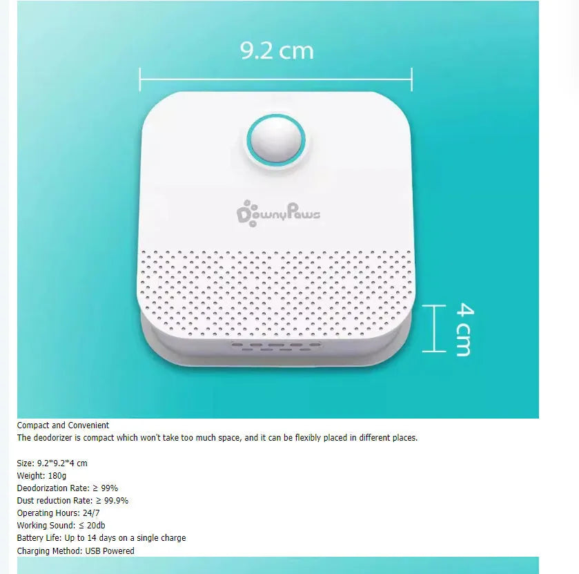 White DownyPaws smart cat litter odour purifier showing compact 9.2cm square design with USB charging port
