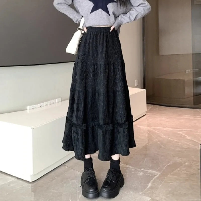 Korean style corduroy A-line midi skirt with elastic waistband in milky white colour