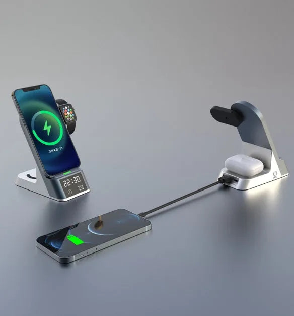 Black multifunctional alarm clock with wireless charging pad, digital display, and Apple Watch charger.