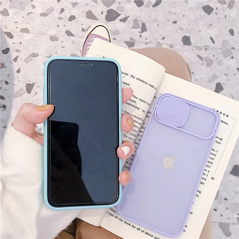Silicone iPhone case with frosted frame around camera lens in solid colour options like black, blue, pink, and yellow.