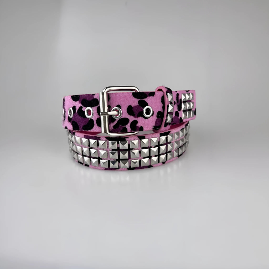 Women's brown leopard print punk belt with silver metal rivets and an alloy buckle.