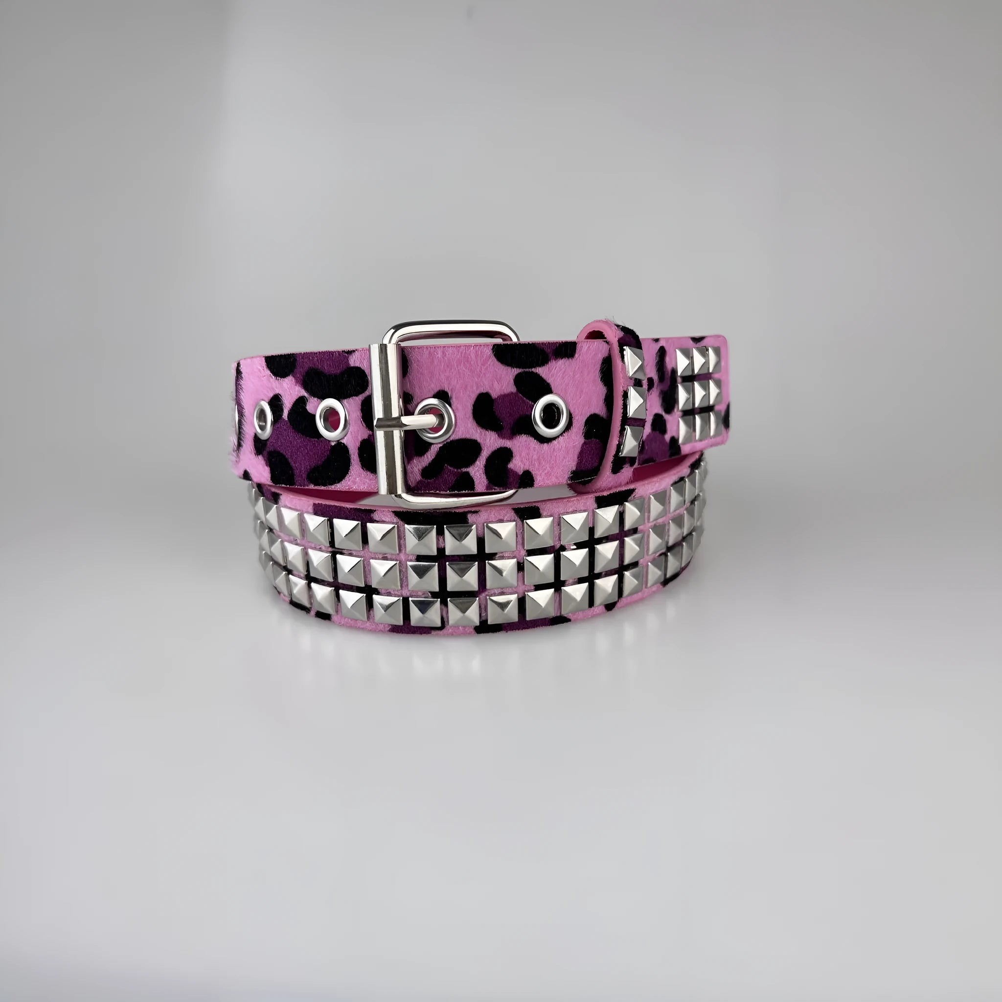 Women's brown leopard print punk belt with silver metal rivets and an alloy buckle.