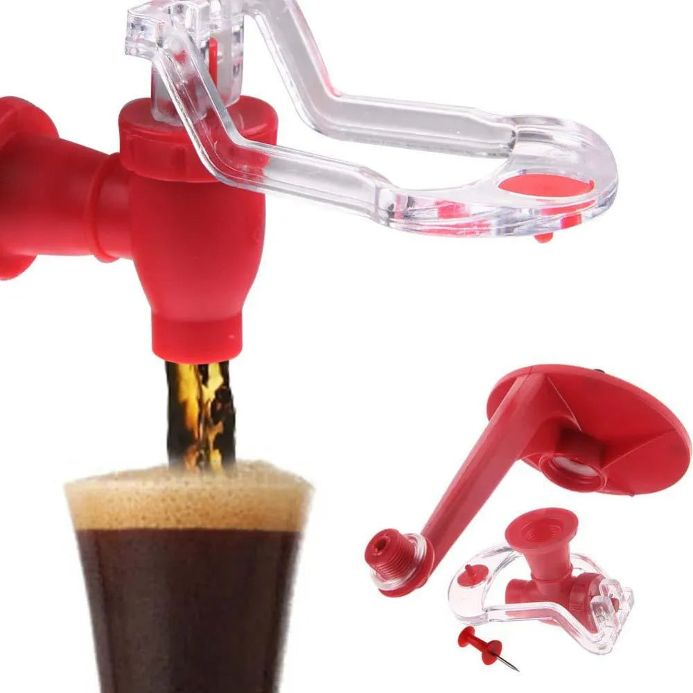Red plastic Magic Tap soda bottle dispenser with push-button tap for 2-litre bottles.