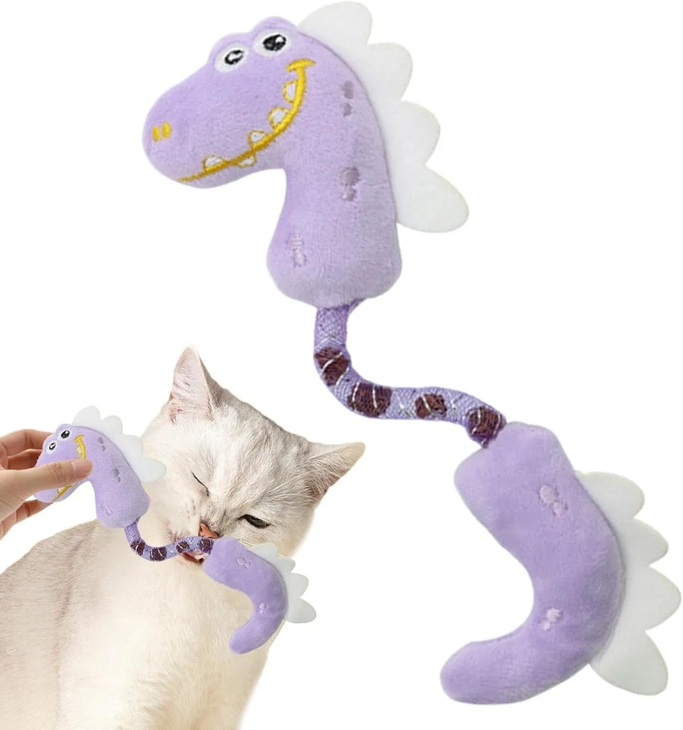 Set of four cat toys including rope, spring, and plush types in various colours