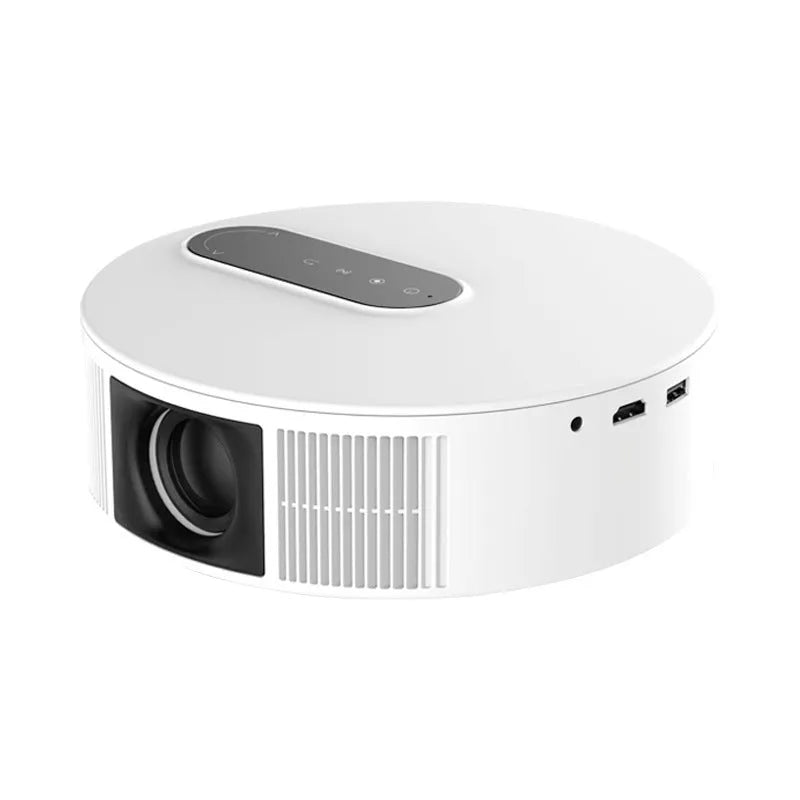 White 720p HD home theatre smart projector with remote control on a table.