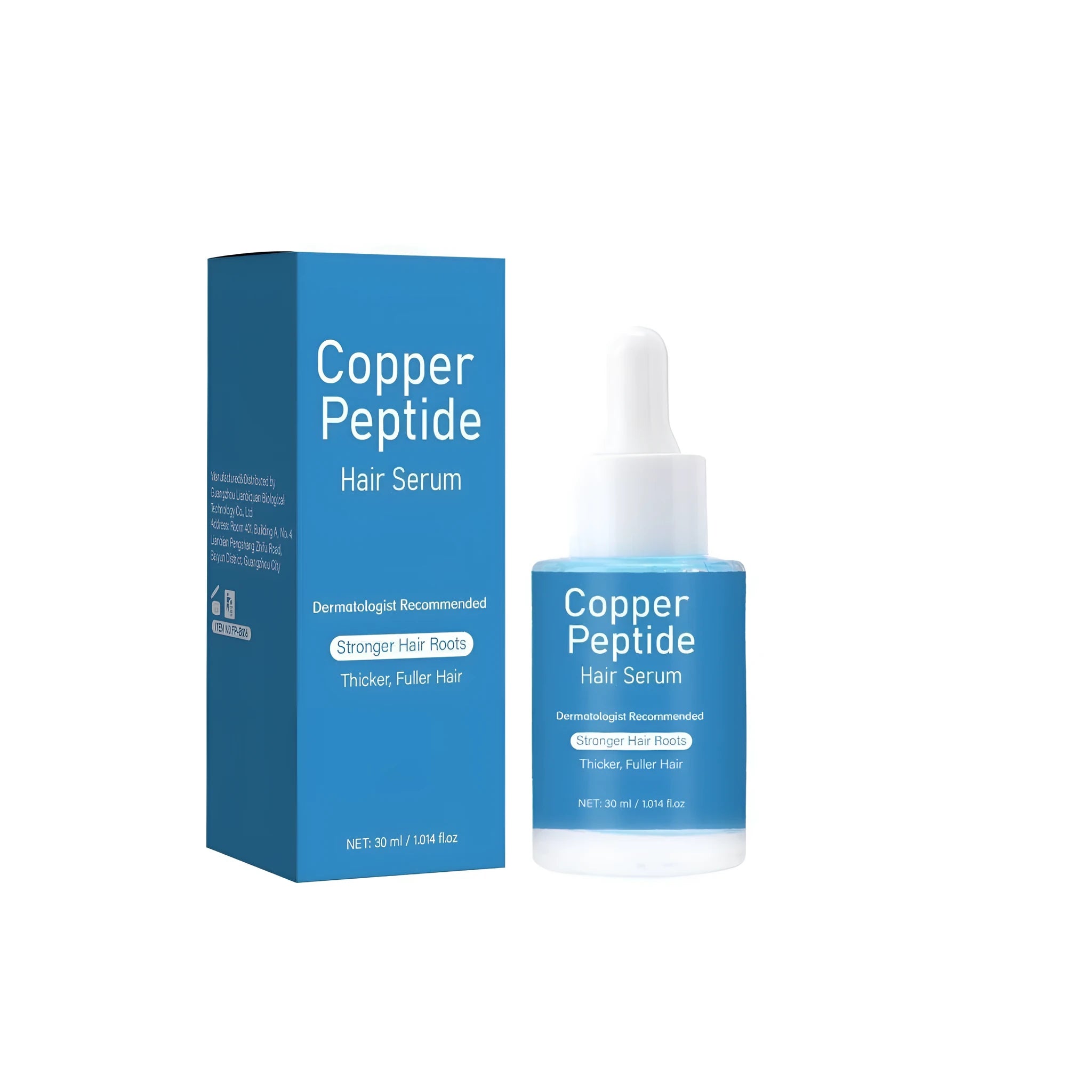 Copper peptide hair care oil bottle, 30ml capacity, with square base measuring 38.5mm.