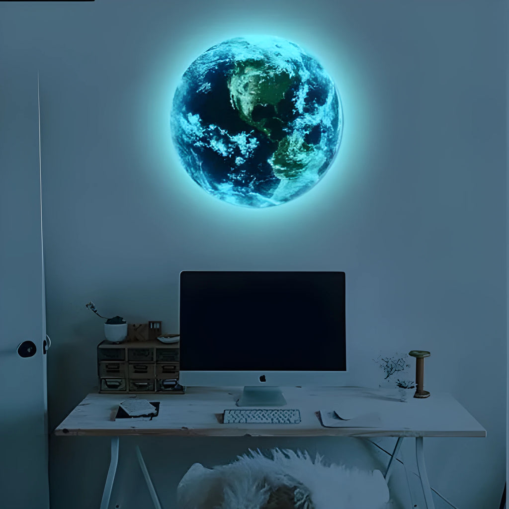 Glow in the dark Earth planet wall sticker showing luminous effect in darkness with PVC removable construction