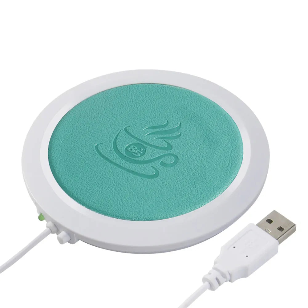 USB heating coaster in black, blue, and orange colours with insulated design