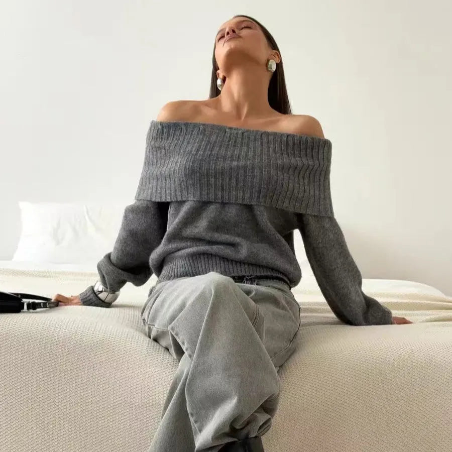 Grey off-the-shoulder acrylic sweater with 3D pattern, regular sleeves, and strapless design