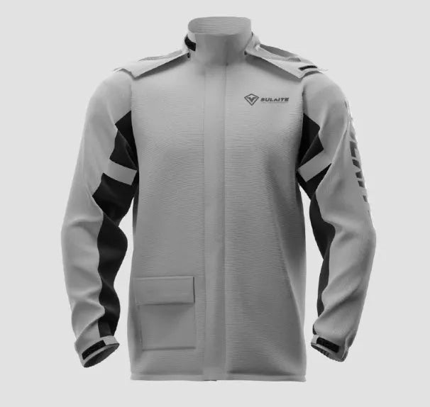 Motorcycle rain suit set showing raincoat, rain trousers, hidden shoe covers, and storage bag