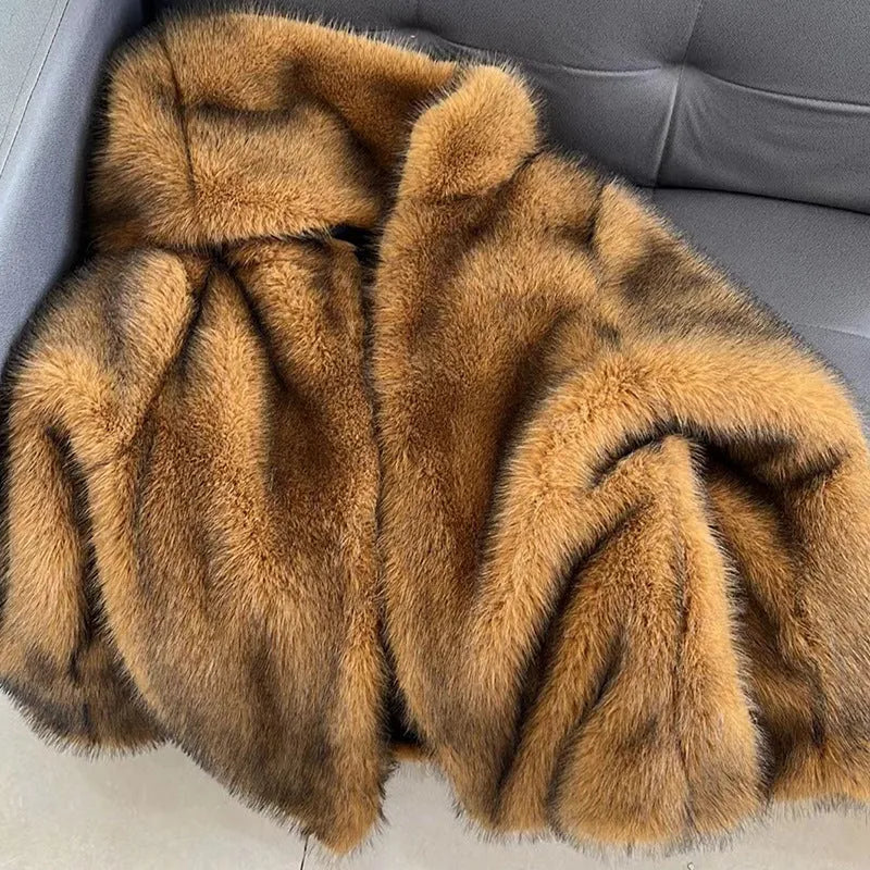 Women's silver grey artificial fur coat with medium length and loose fit