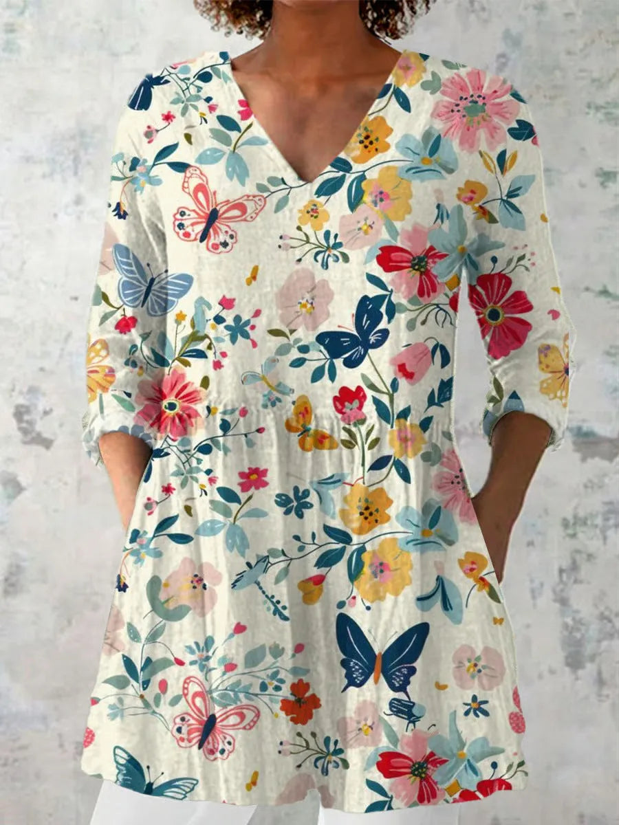 Women's retro slim fit printed long-sleeved polyester top in various colour options