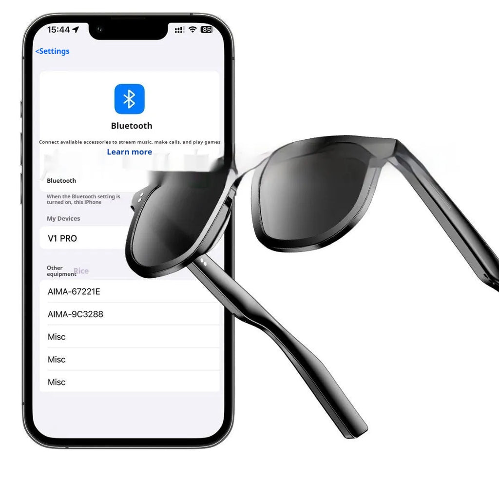 Black AI smart Bluetooth sunglasses with touch controls on the frame for audio and calls.