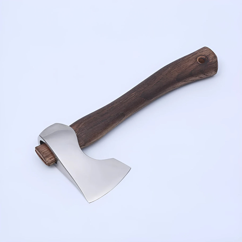 Camping axe with high carbon steel head and wooden handle for outdoor wood cutting