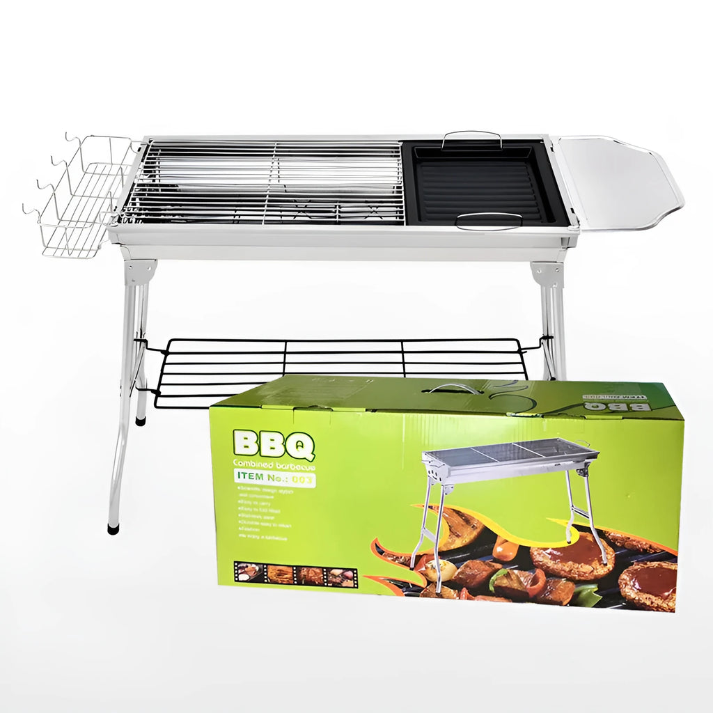 Stainless steel portable barbecue oven with charcoal grills and mesh cooking surfaces