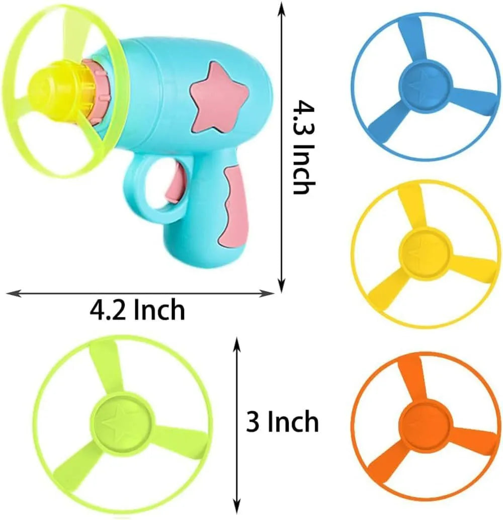 Blue interactive cat toy gun launcher with a mounted pink plastic frisbee, shown with a second frisbee disc.