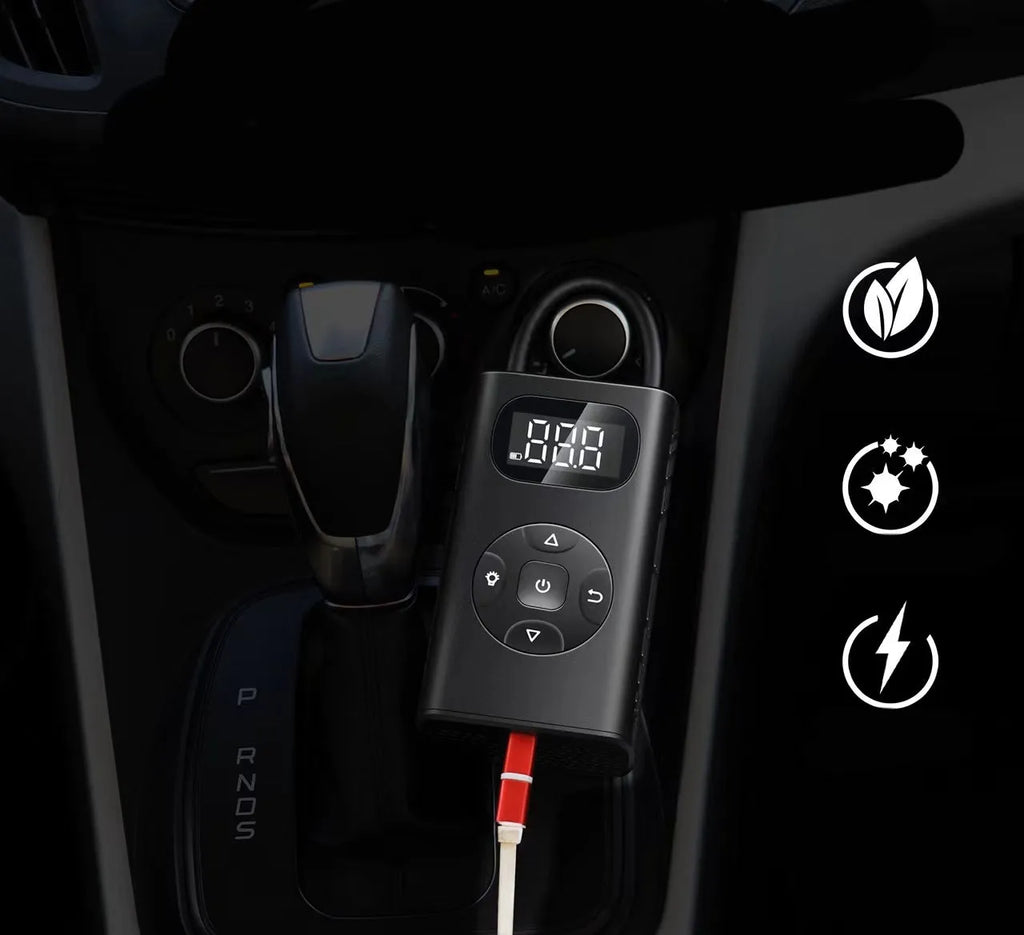 Black portable power bank tyre inflator with hose for cars and bikes