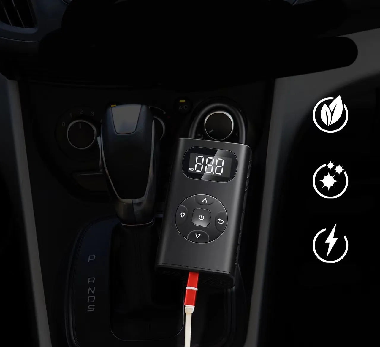 Black portable power bank tyre inflator with hose for cars and bikes