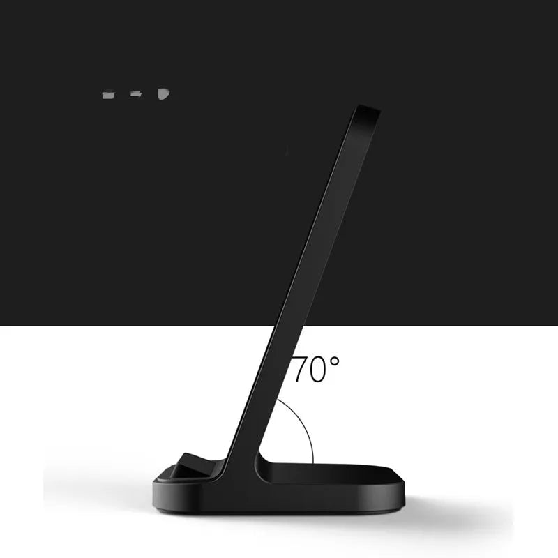 Dark grey vertical wireless charging stand for Apple iPhone on desk